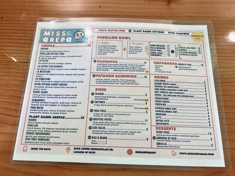 Miss Arepa - Lahaina, HI menu_pic