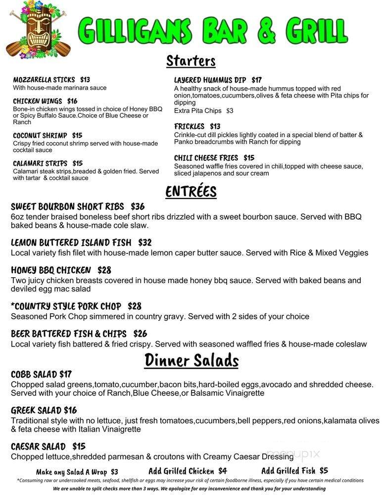 Gilligans Bar & Grill - Kihei, HI menu_pic