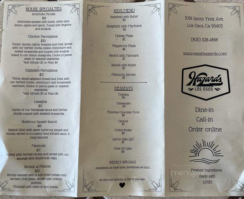 Hazards - Los Osos, CA menu_pic