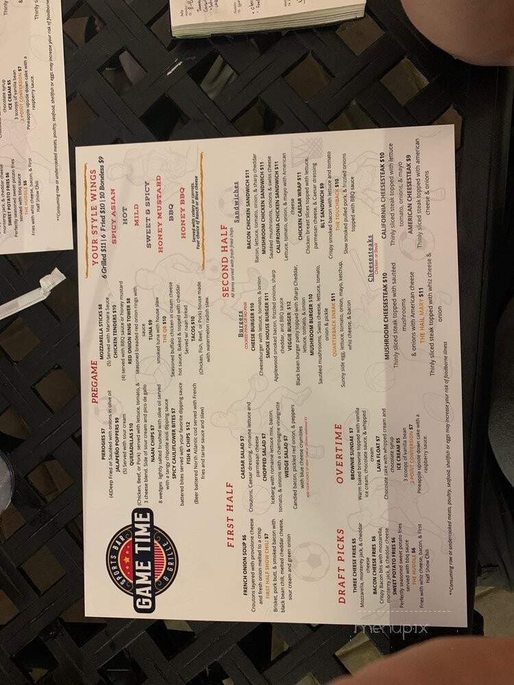Game Time Sports Bar and Grill - Fountain Hill, PA menu_pic