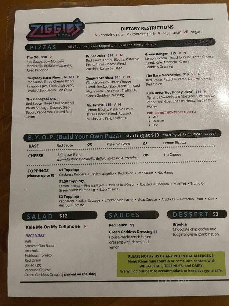 Ziggie's Pizza - Orlando, FL menu_pic