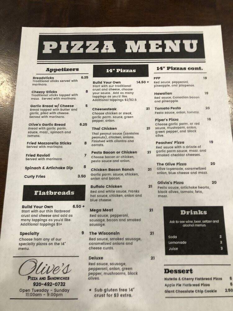 Olive's Pizza and Sandwiches - Green Bay, WI menu_pic