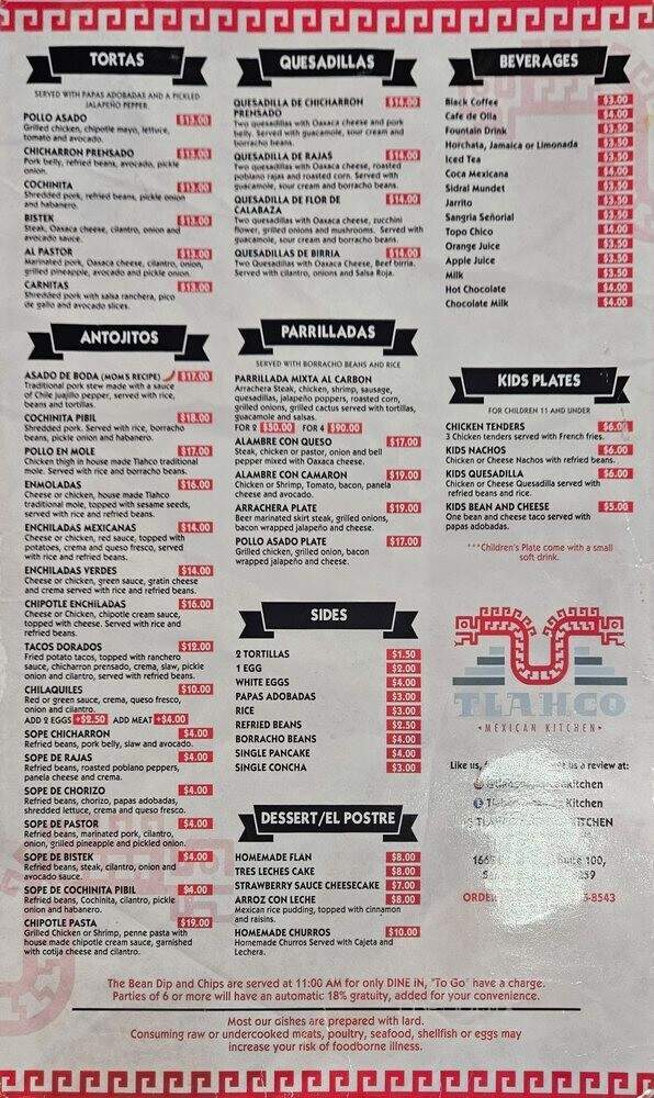 Tlahco Mexican Kitchen - San Antonio, TX menu_pic