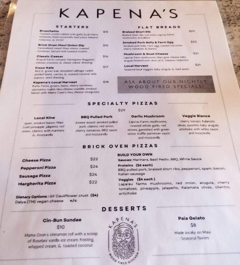 Kapena's - Lahaina, HI menu_pic