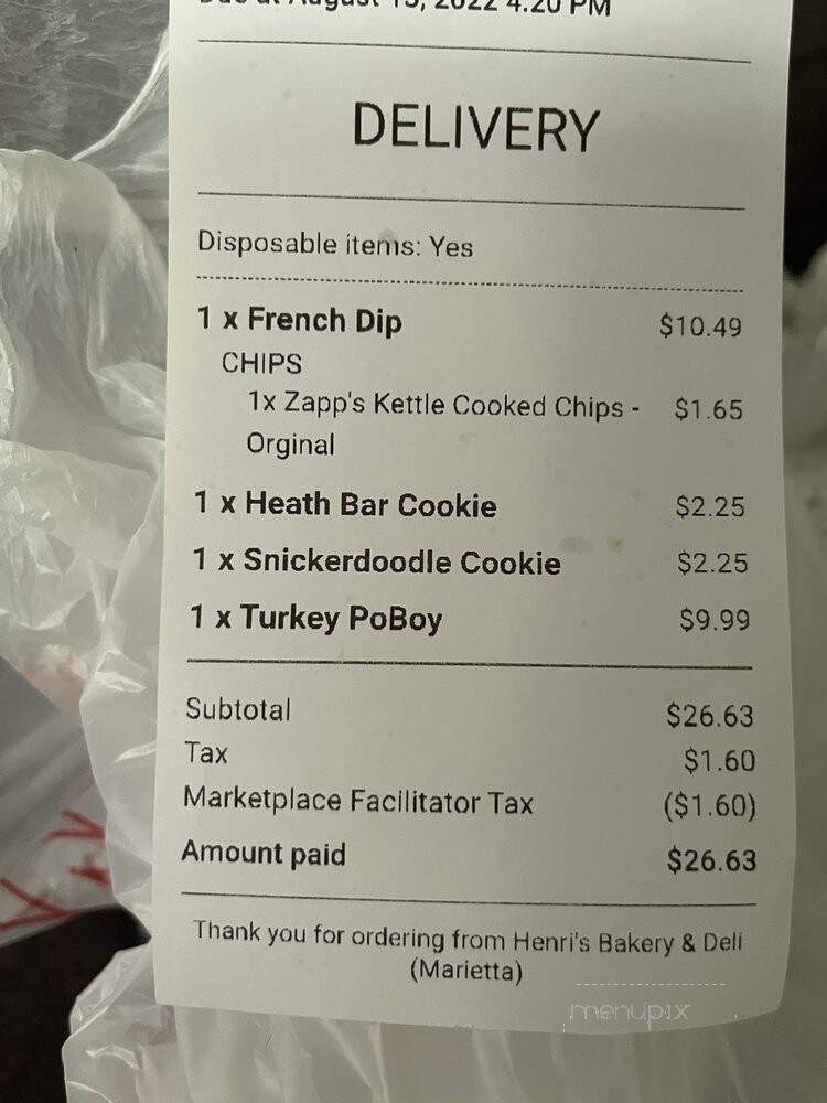 Henri's Bakery & Deli - Marietta, GA menu_pic