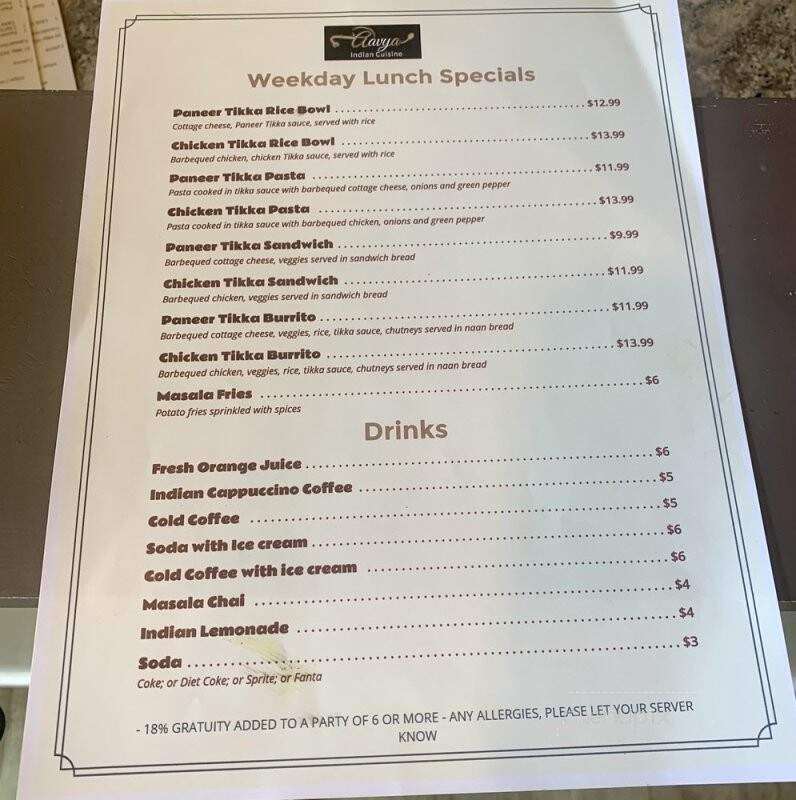 Aavya Indian Cuisine - Collegeville, PA menu_pic