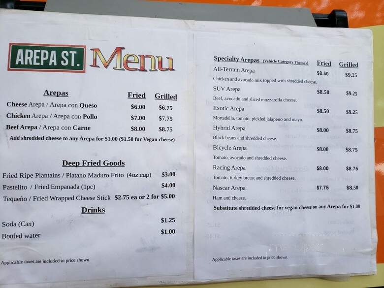 Arepa St. - Wilmington, NC menu_pic