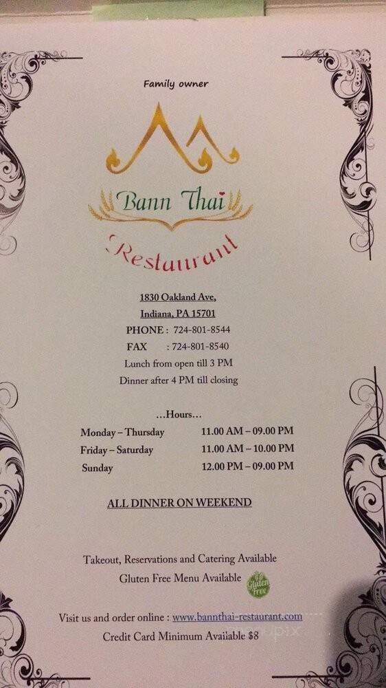 Bann Thai Restaurant - Indiana, PA menu_pic