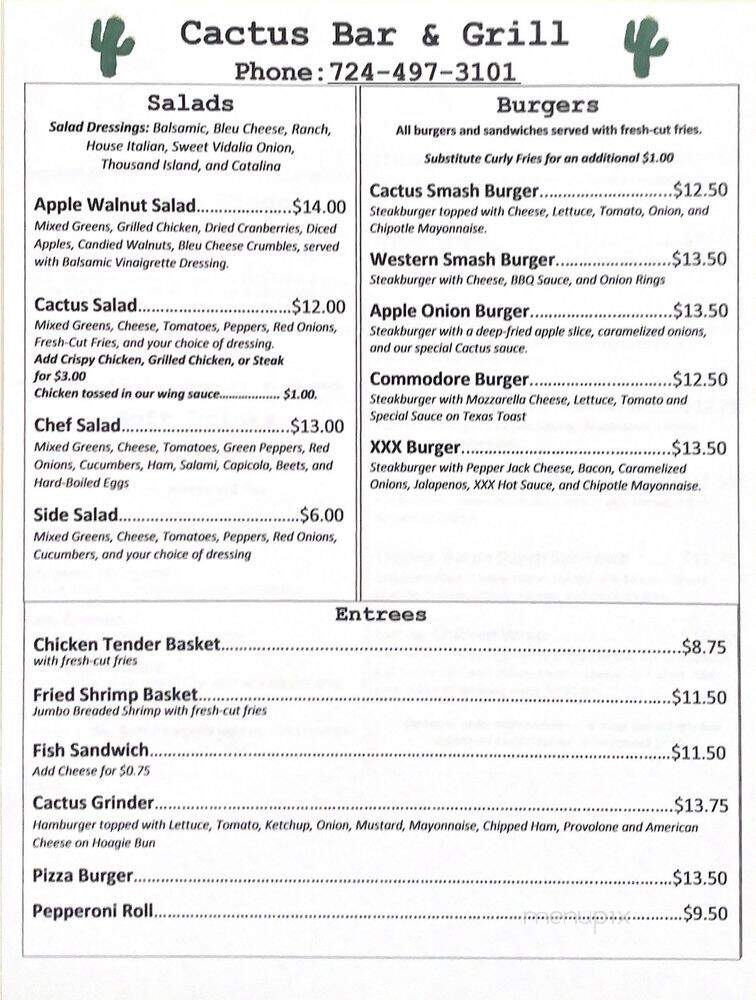 Cactus Bar & Grill - Perryopolis, PA menu_pic