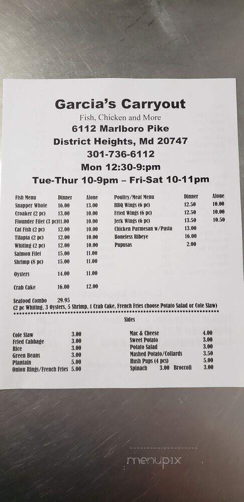 Garcia's Carry Out Fish Chicken and More - District Heights, MD menu_pic