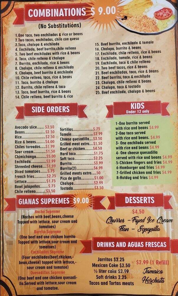 Giana's Mexican Grill - Athens, GA menu_pic