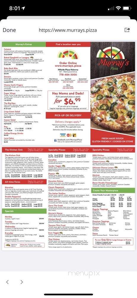 Murray's Pizza - Kelowna, BC menu_pic