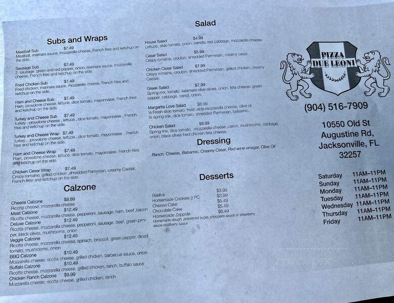Pizza Due Leoni - Jacksonville, FL menu_pic