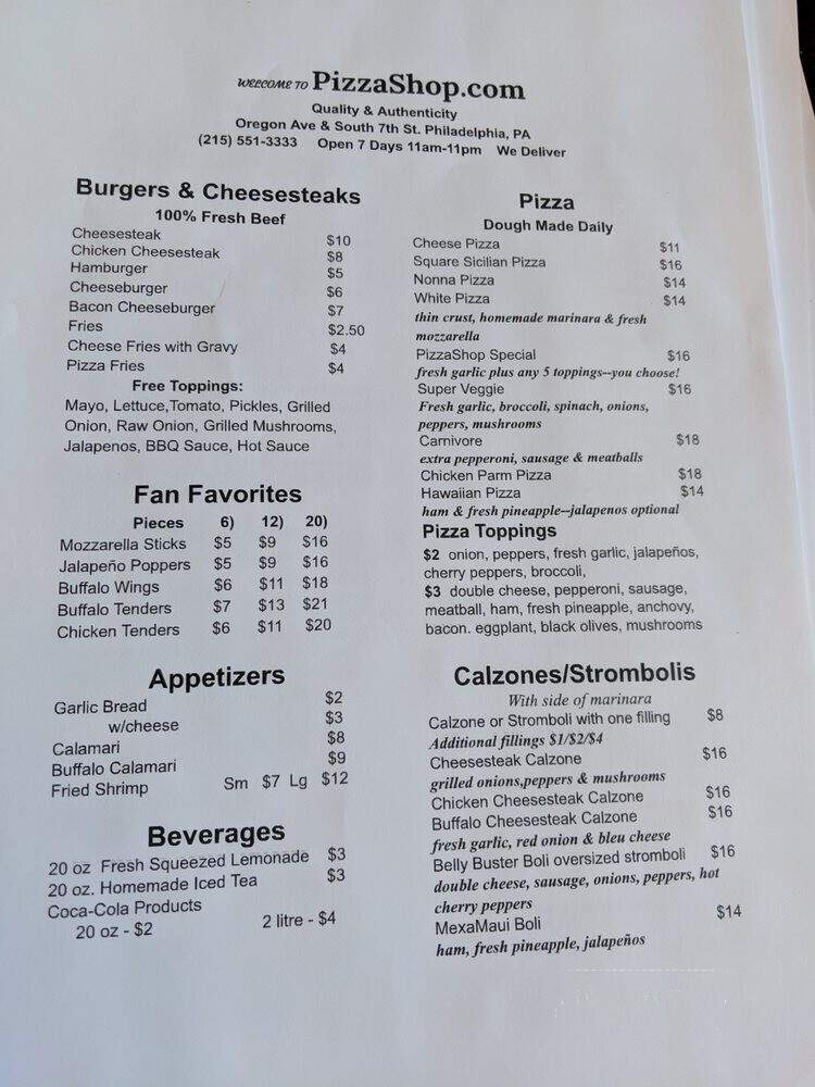PizzaShop - Philadelphia, PA menu_pic