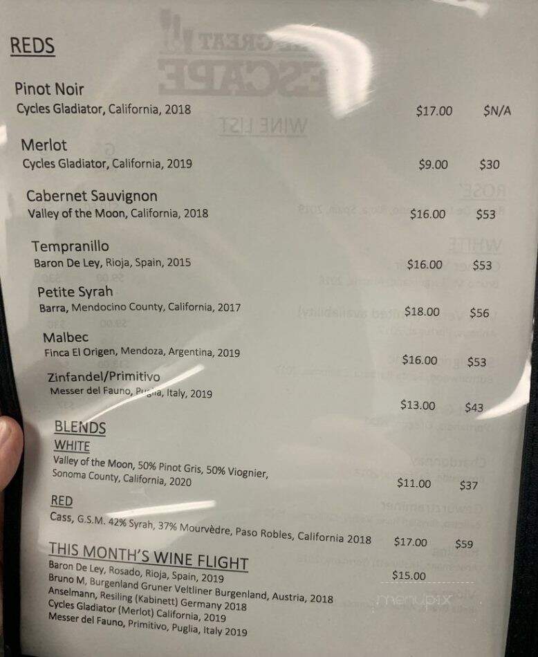The Great Escape - Atascadero, CA menu_pic