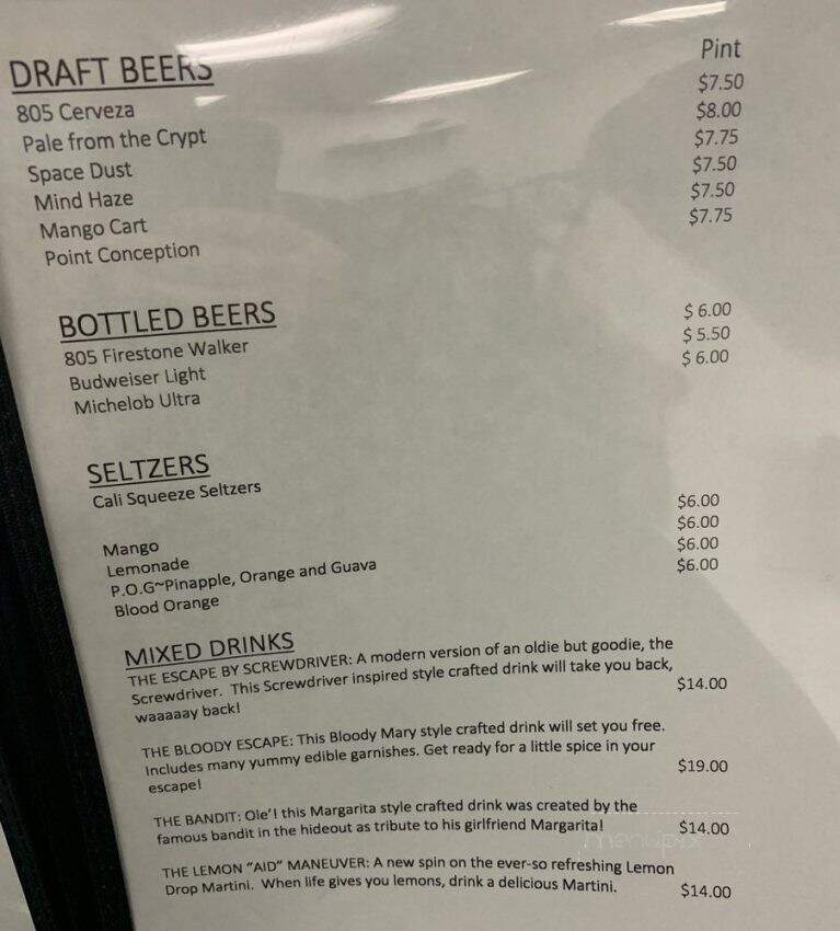 The Great Escape - Atascadero, CA menu_pic