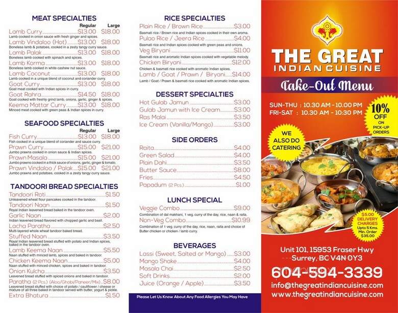 The Great Indian Cuisine - Surrey, BC menu_pic
