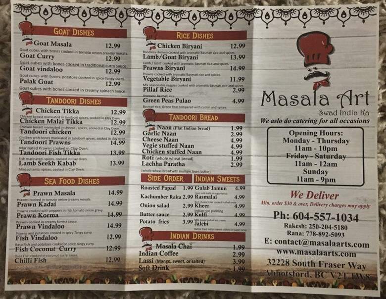 Masala Art Indian Restaurant - Abbotsford, BC menu_pic