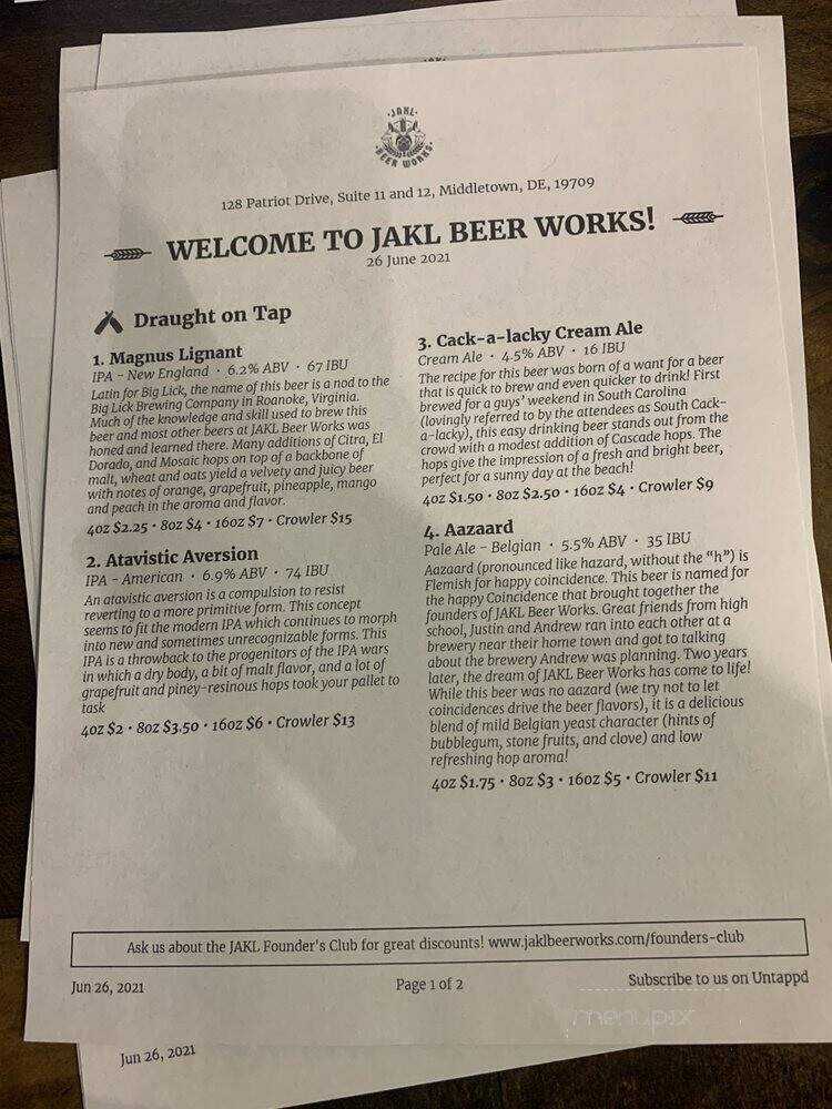 JAKL Beer Works - Middletown, DE menu_pic