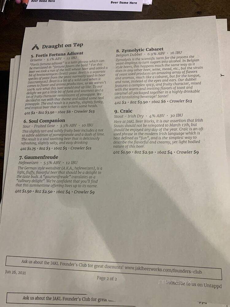 JAKL Beer Works - Middletown, DE menu_pic