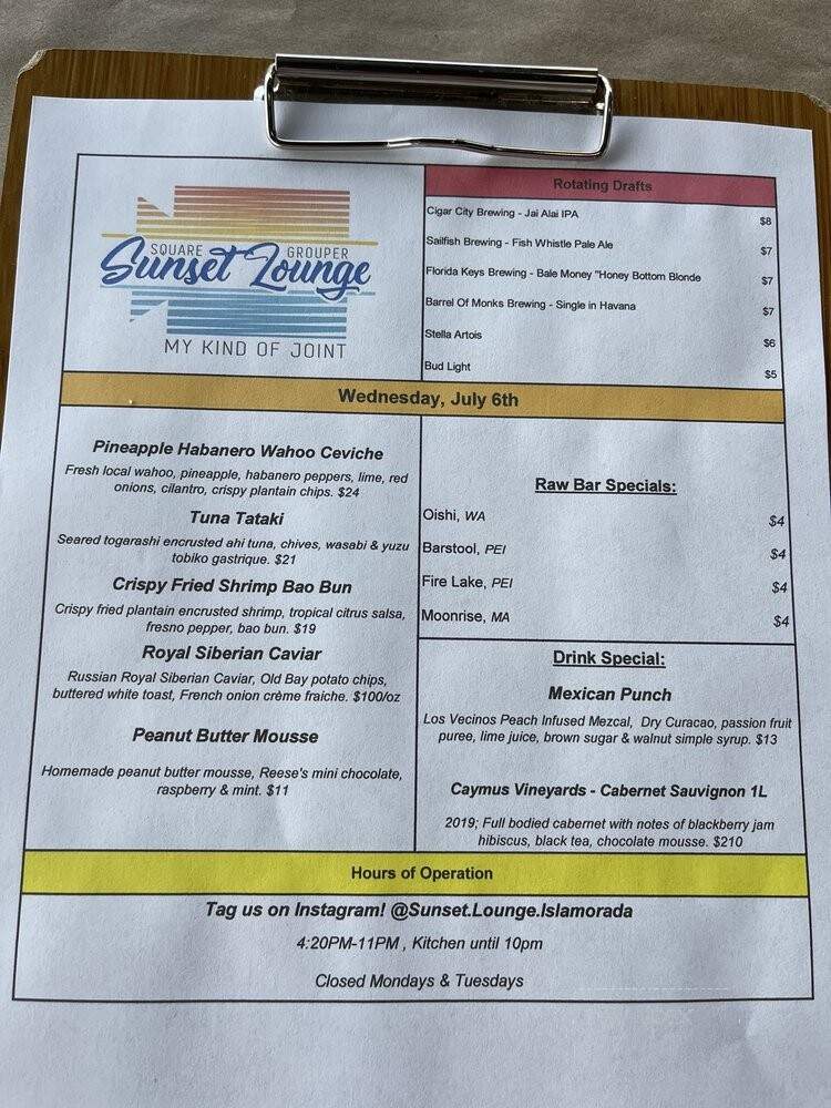 Sunset Lounge - Islamorada, FL menu_pic