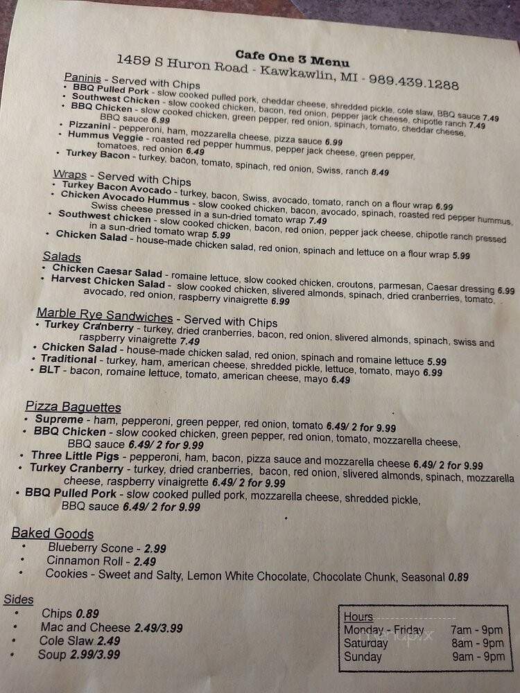 Cafe One 3 - Kawkawlin, MI menu_pic