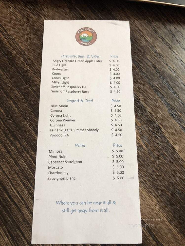 Cedar Rock Grille - Branson, MO menu_pic