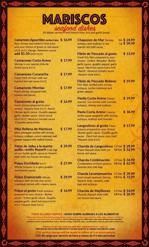 Costa Arena Mexican Restaurant - Beach Park, IL menu_pic