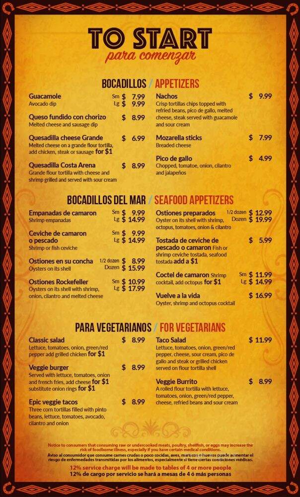 Costa Arena Mexican Restaurant - Beach Park, IL menu_pic