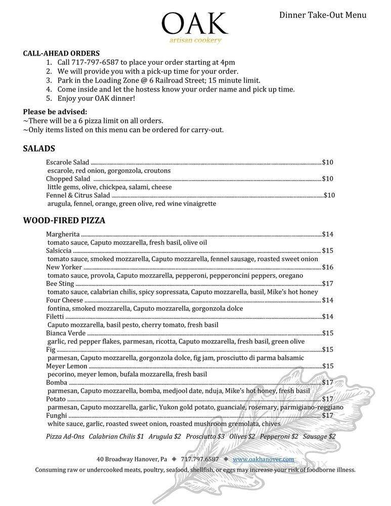 Artisans and Oak - Hanover, PA menu_pic