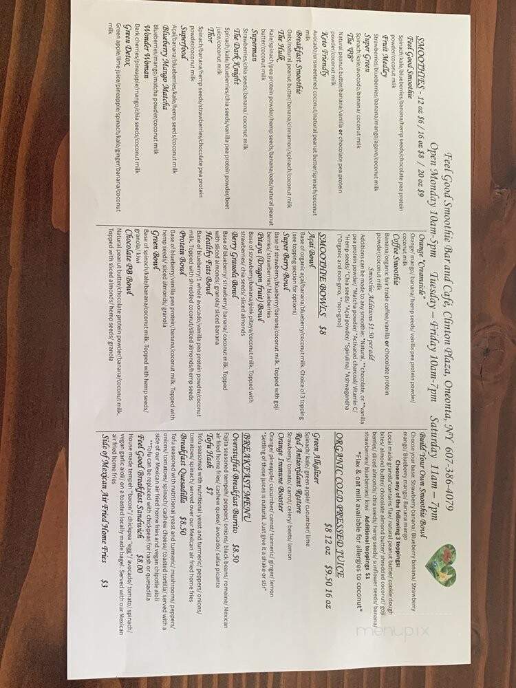Feel Good Smoothie Bar and Cafe - Oneonta, NY menu_pic