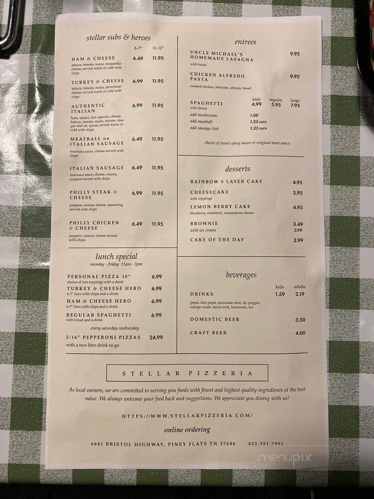 Stellar Pizzeria - Piney Flats, TN menu_pic
