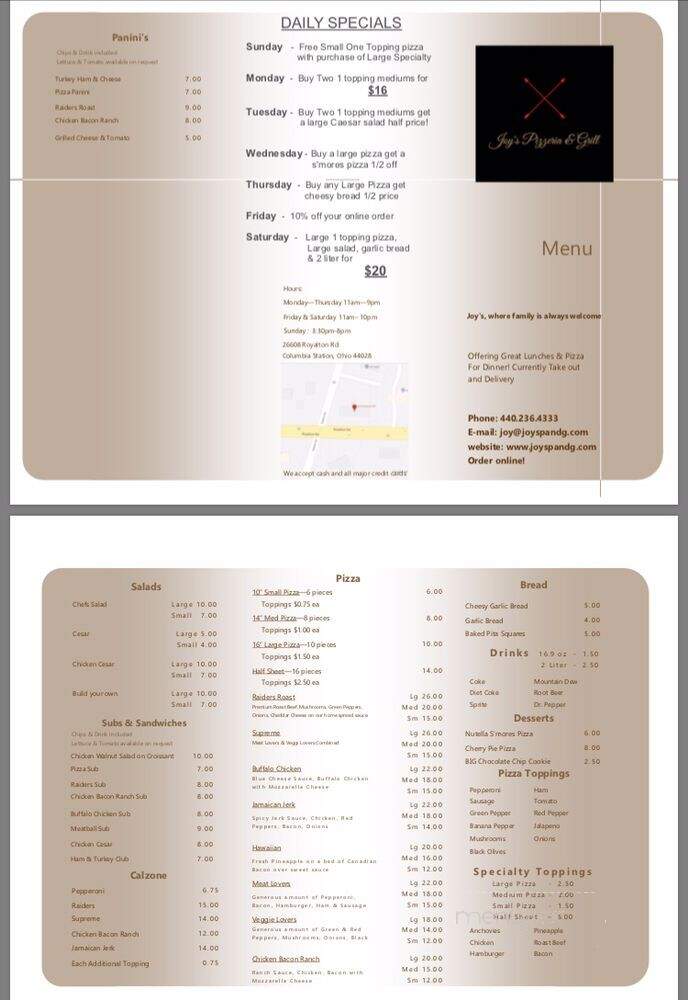 Joys Pizzeria and Grill - Columbia Station, OH menu_pic