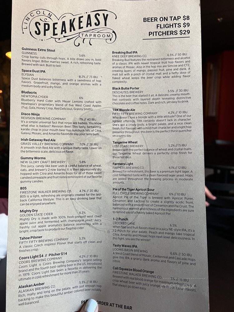 Lincoln Speakeasy Taproom - Lincoln, CA menu_pic