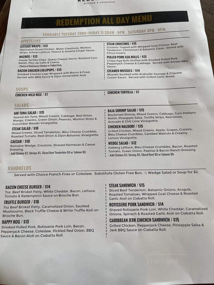 Redemption Restaurant - Faribault, MN menu_pic