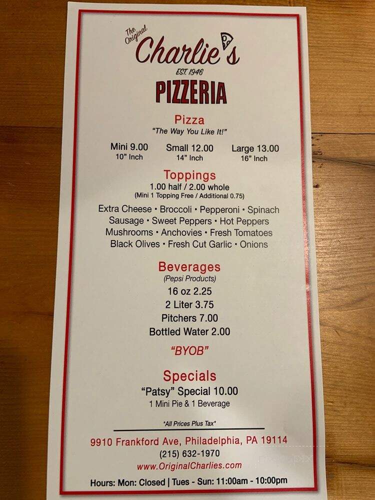 The Original Charlie's Pizza - Philadelphia, PA menu_pic