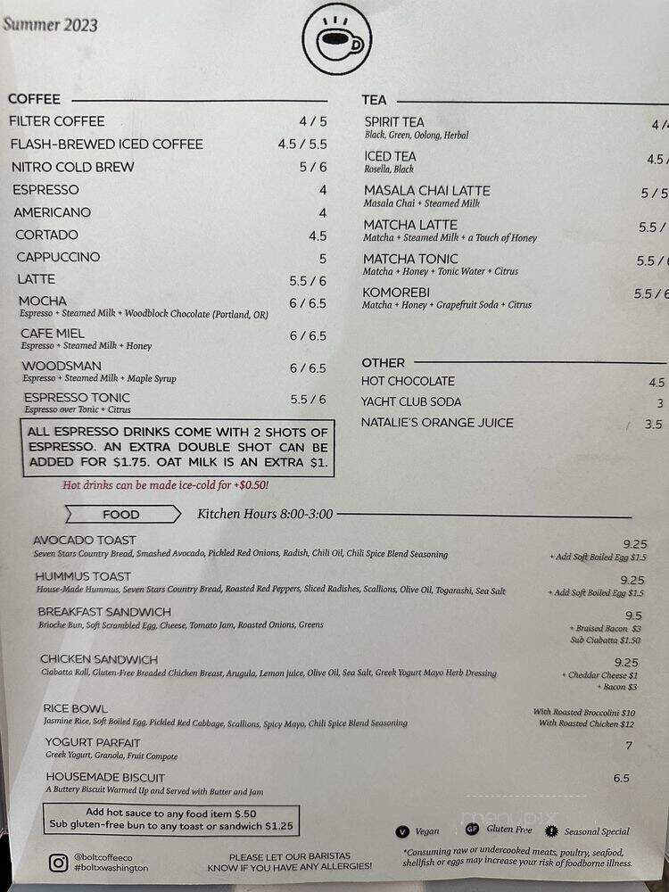 Bolt Coffee - Providence, RI menu_pic