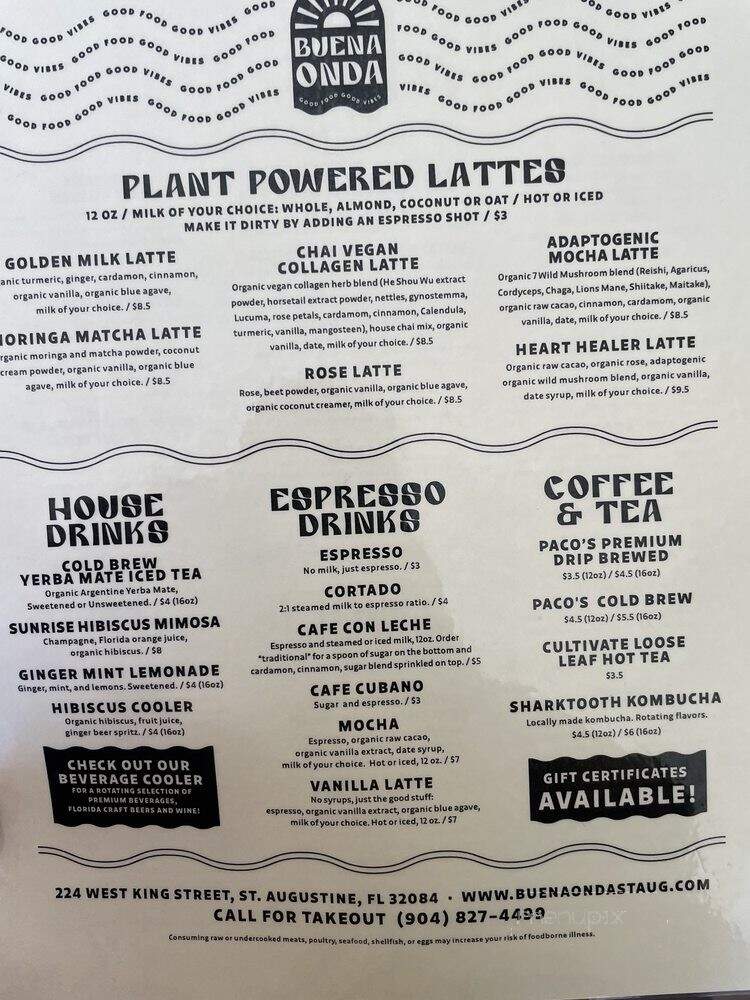 Buena Onda Cafe - St. Augustine, FL menu_pic