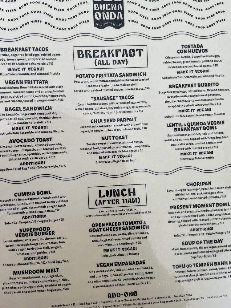 Buena Onda Cafe - St. Augustine, FL menu_pic