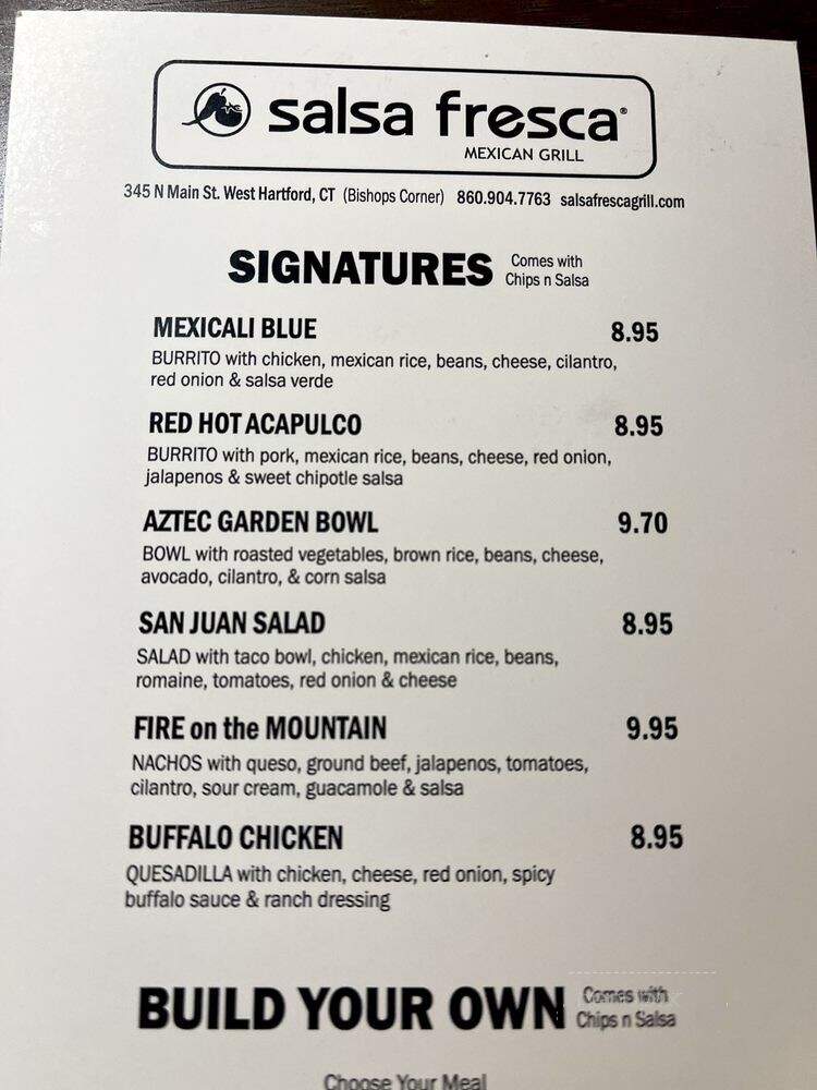 Salsa Fresca Mexican Grill - West Hartford, CT menu_pic