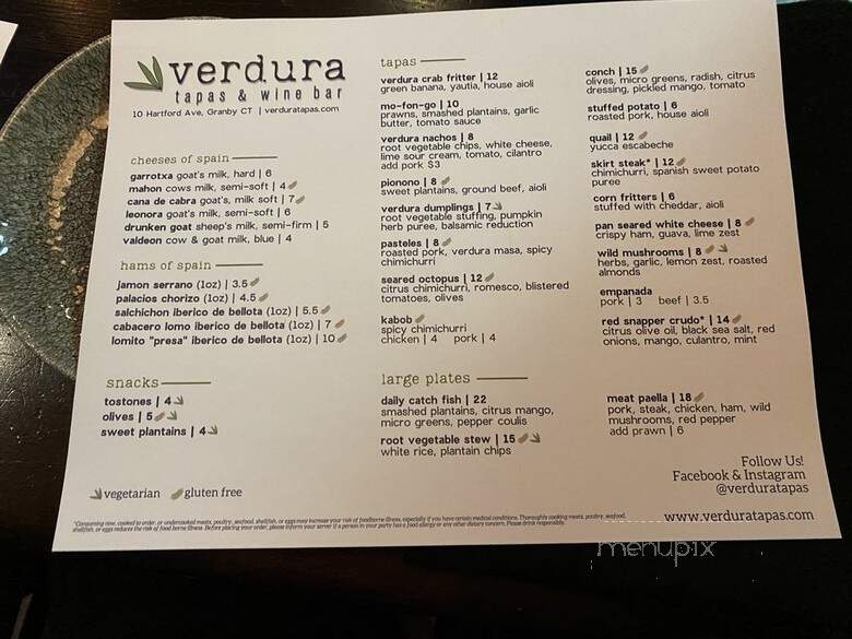 Verdura Tapas & Wine Bar - Granby, CT menu_pic