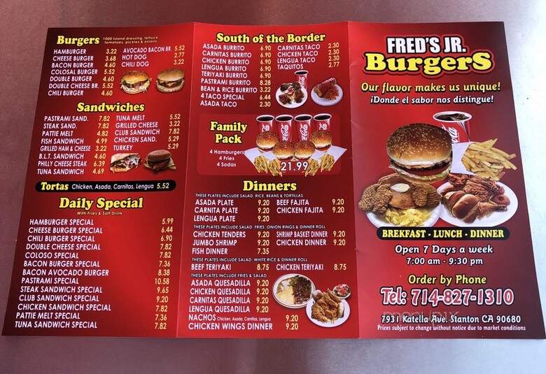 Fred's Jr Burgers - Stanton, CA menu_pic