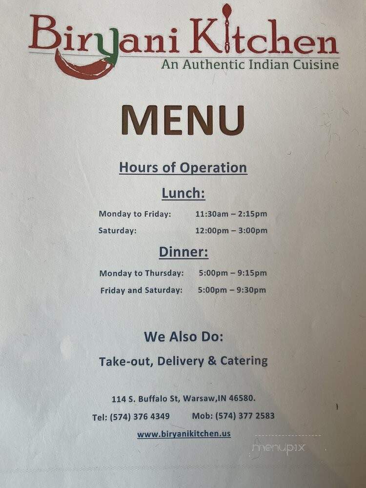 Biryani Kitchen - Warsaw, IN menu_pic