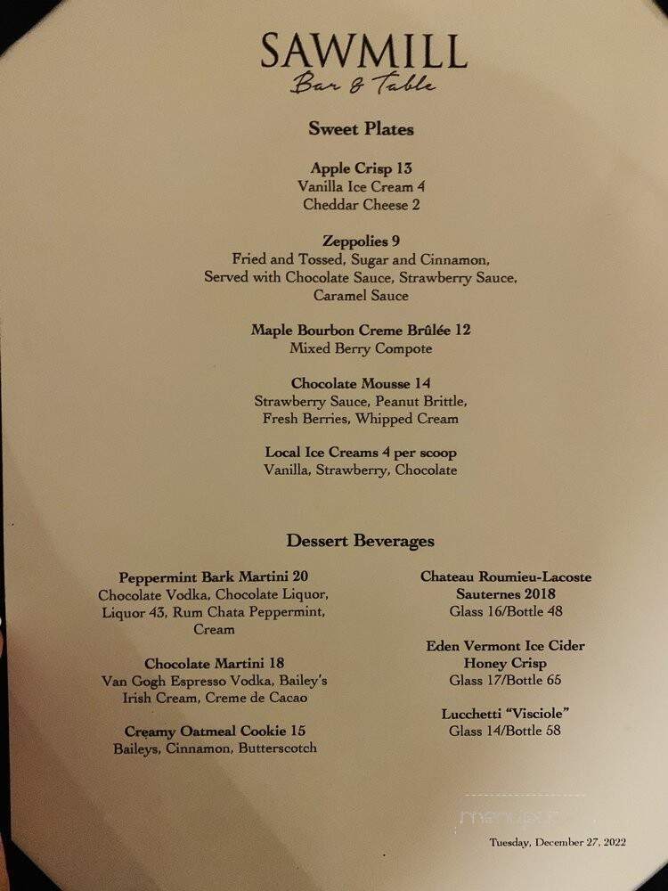 Sawmill Bar & Table - West Dover, VT menu_pic
