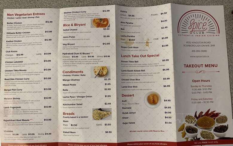 Spice Club Indian Cuisine - Toronto, ON menu_pic