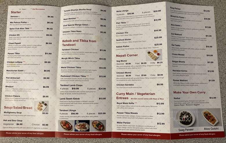 Spice Club Indian Cuisine - Toronto, ON menu_pic
