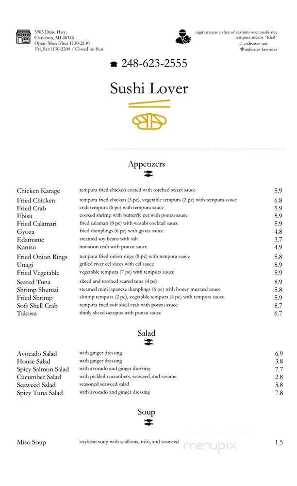 Sushi Lover - Clarkston, MI menu_pic