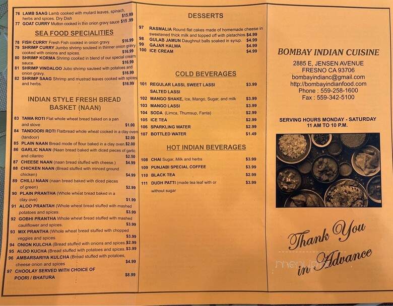 Bombay Indian Cuisine - Fresno, CA menu_pic