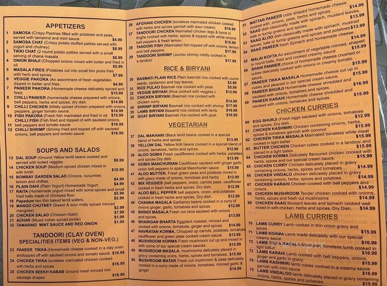 Bombay Indian Cuisine - Fresno, CA menu_pic