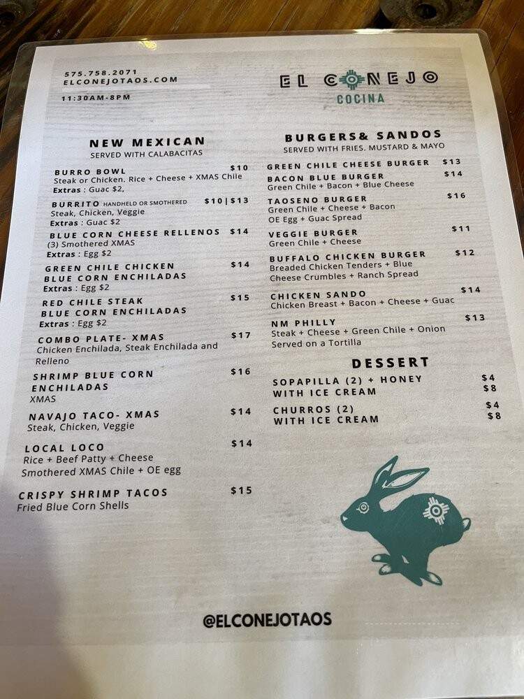 El Conejo Cocina - Taos, NM menu_pic